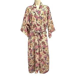 California Dynasty Robe Womens Medium Floral Kimono Belted Made in USA‎ Long